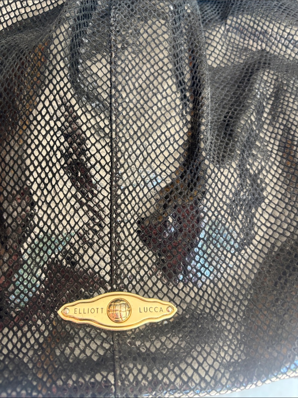 Elliott Lucca Black Mesh Tote with Gold Nameplate